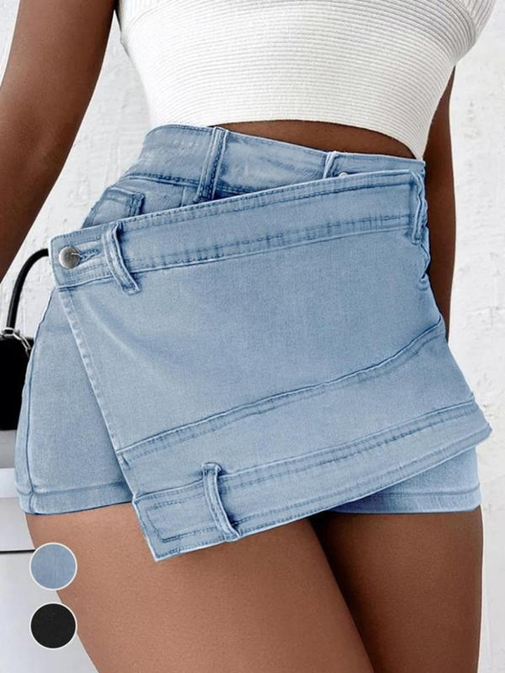 Women'S Plain Denim Shorts, Asymmetrical Hem Button Pocket Jeans Skort, Back to School Outfits, Casual High Waist Jeans Shorts, Jorts Shorts, Summer Outfits 2024, Rave Outfits, Designer Jeans
