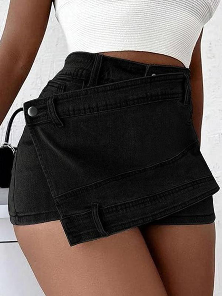 Women'S Plain Denim Shorts, Asymmetrical Hem Button Pocket Jeans Skort, Back to School Outfits, Casual High Waist Jeans Shorts, Jorts Shorts, Summer Outfits 2024, Rave Outfits, Designer Jeans